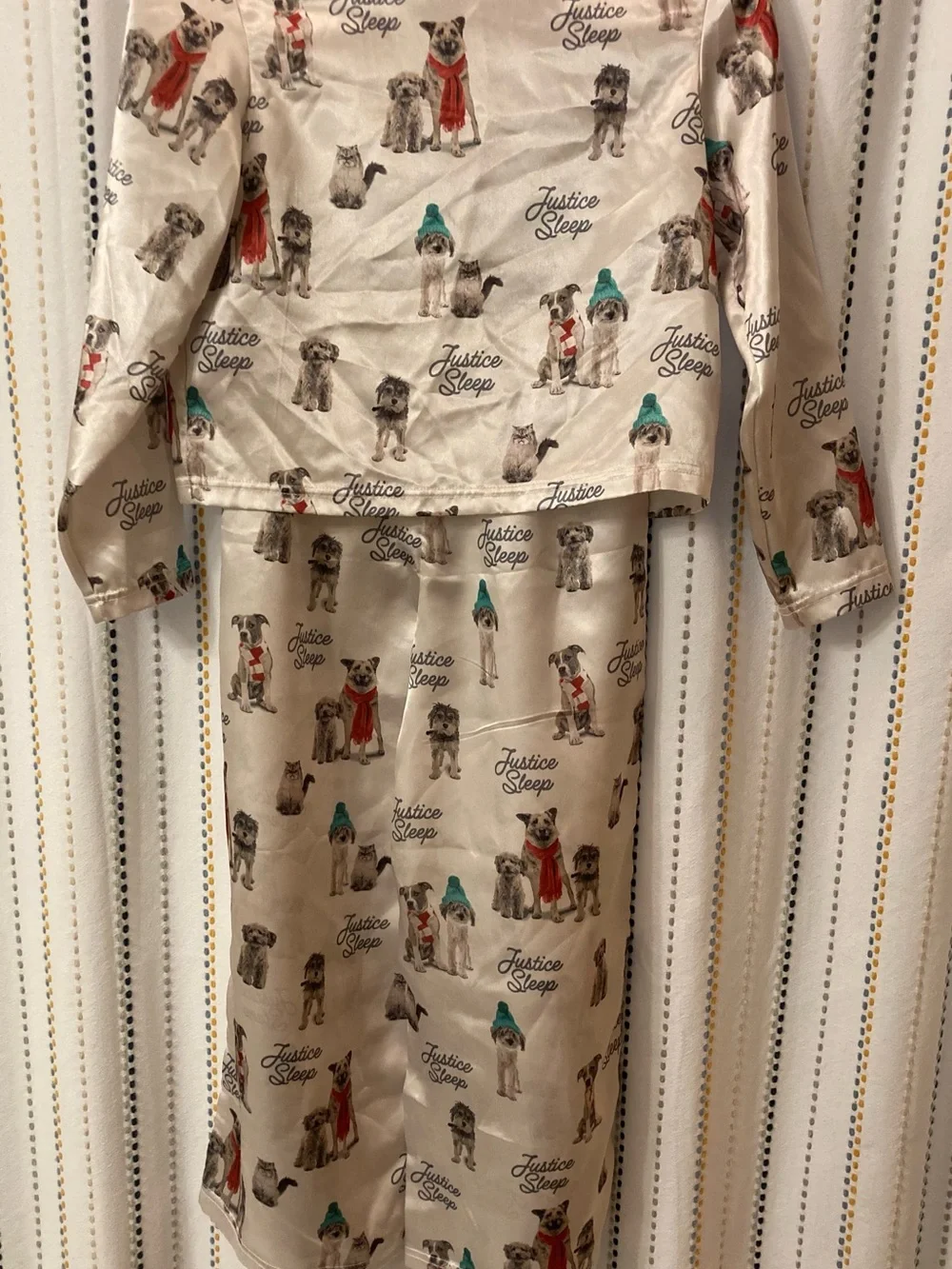 Justice Cream Satin Pajama Set with Red and Teal Dog Accents